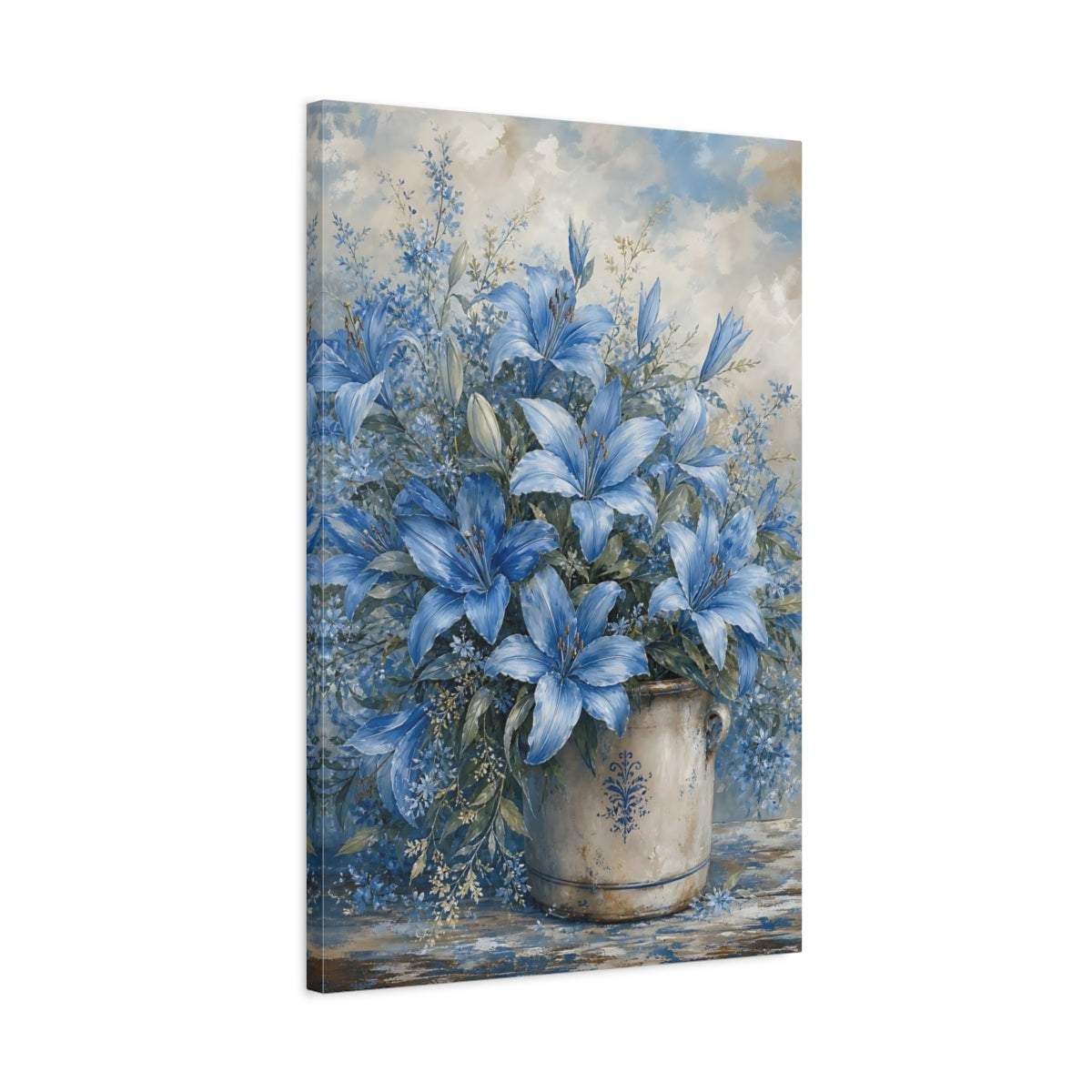 Side Mockup 2. Floral Blue Lilies Blue And White Floral shown as stretched canvas wall art