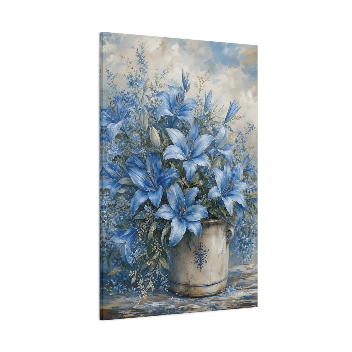 Side Mockup 1. Floral Blue Lilies Blue And White Floral shown as stretched canvas wall art