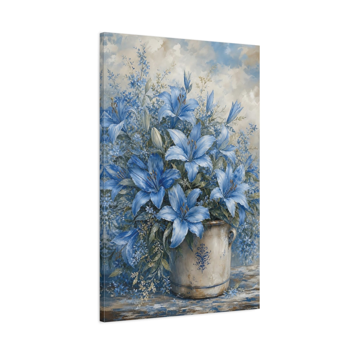 Main Mockup. Floral Blue Lilies Blue And White Floral shown as stretched canvas wall art