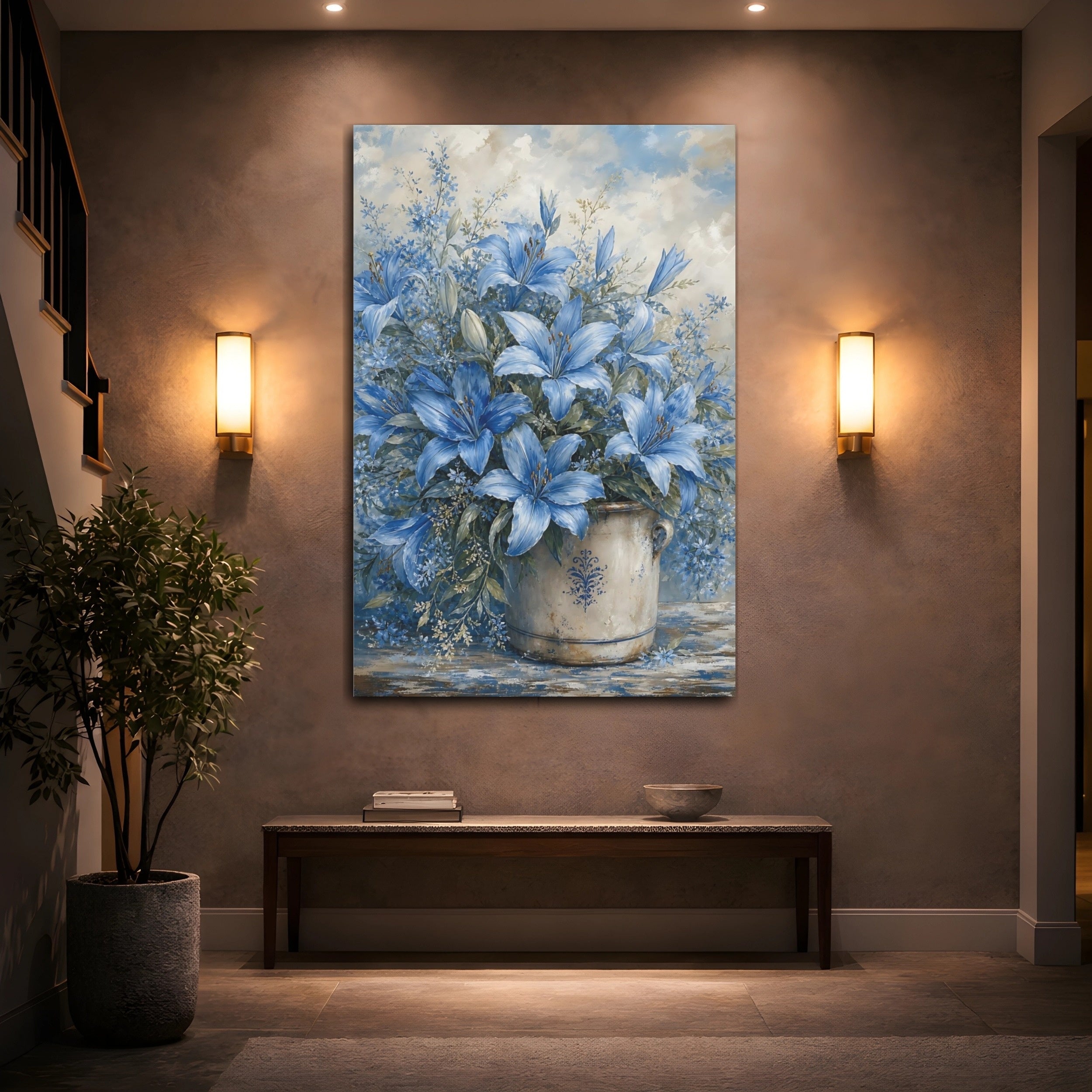 Mockup 2. Floral Blue Lilies Blue And White Floral shown as stretched canvas wall art