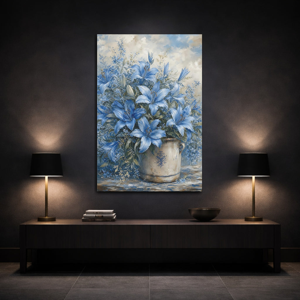 Mockup 3. Floral Blue Lilies Blue And White Floral shown as stretched canvas wall art
