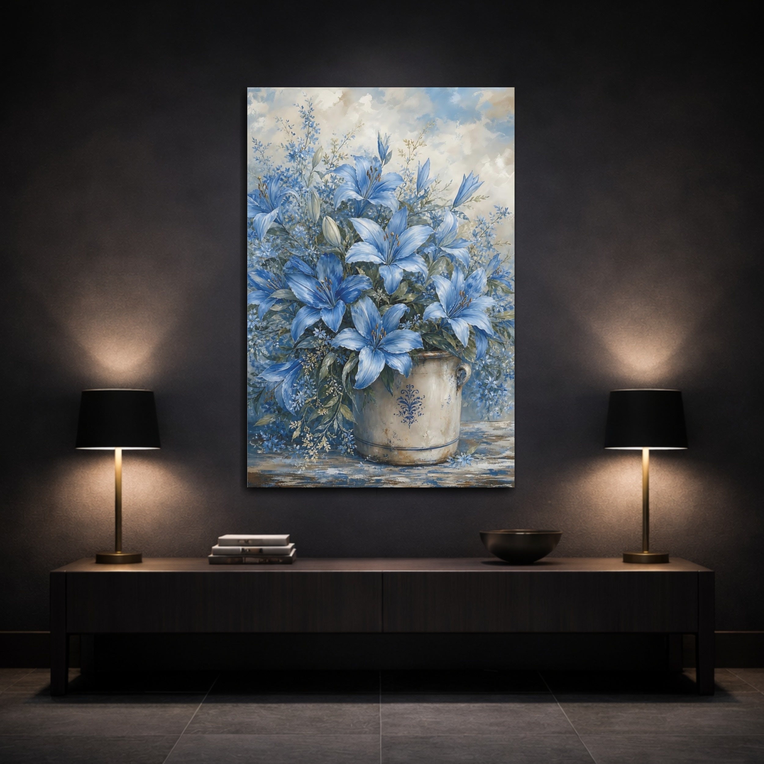 Mockup 3. Floral Blue Lilies Blue And White Floral shown as stretched canvas wall art