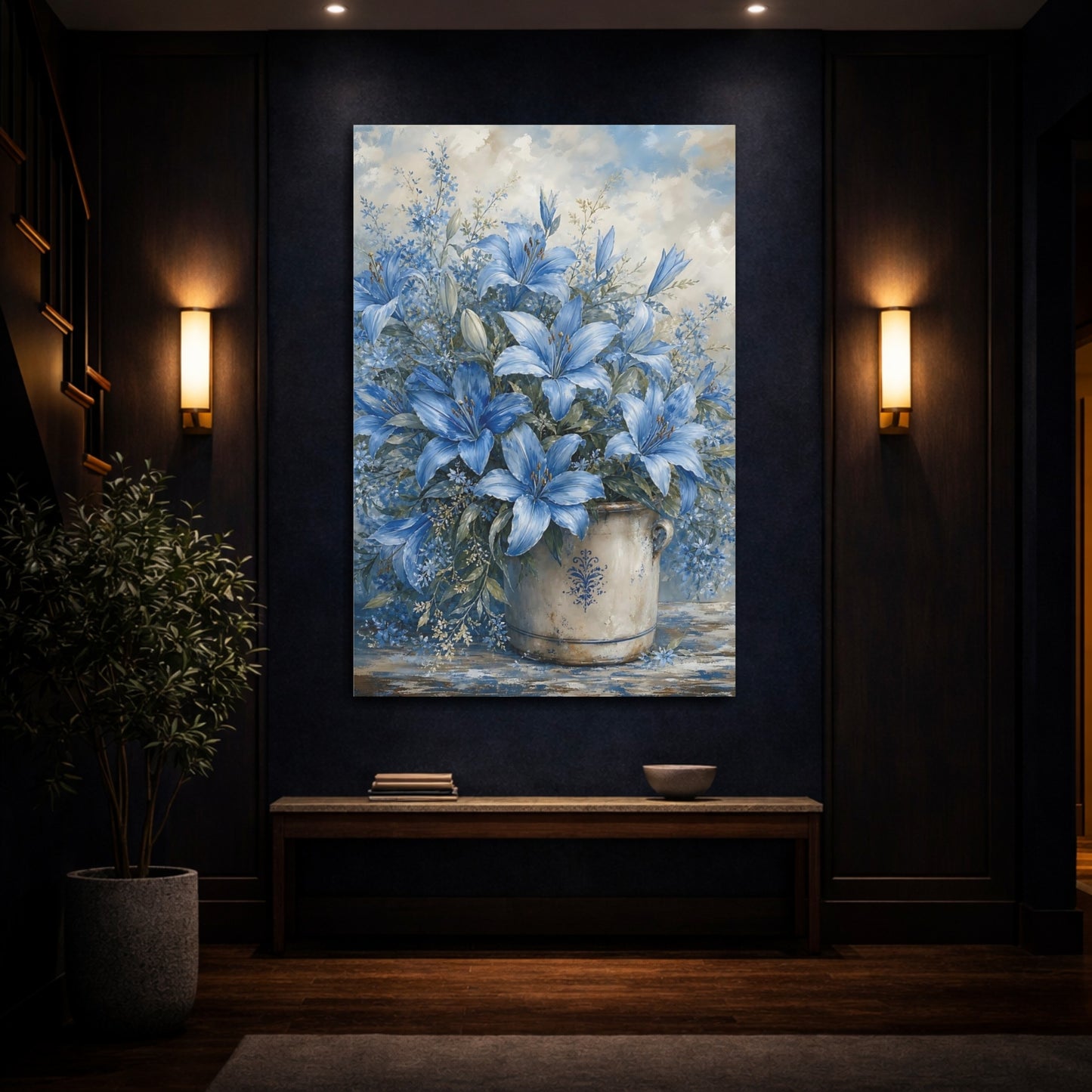 Mockup 4. Floral Blue Lilies Blue And White Floral shown as stretched canvas wall art