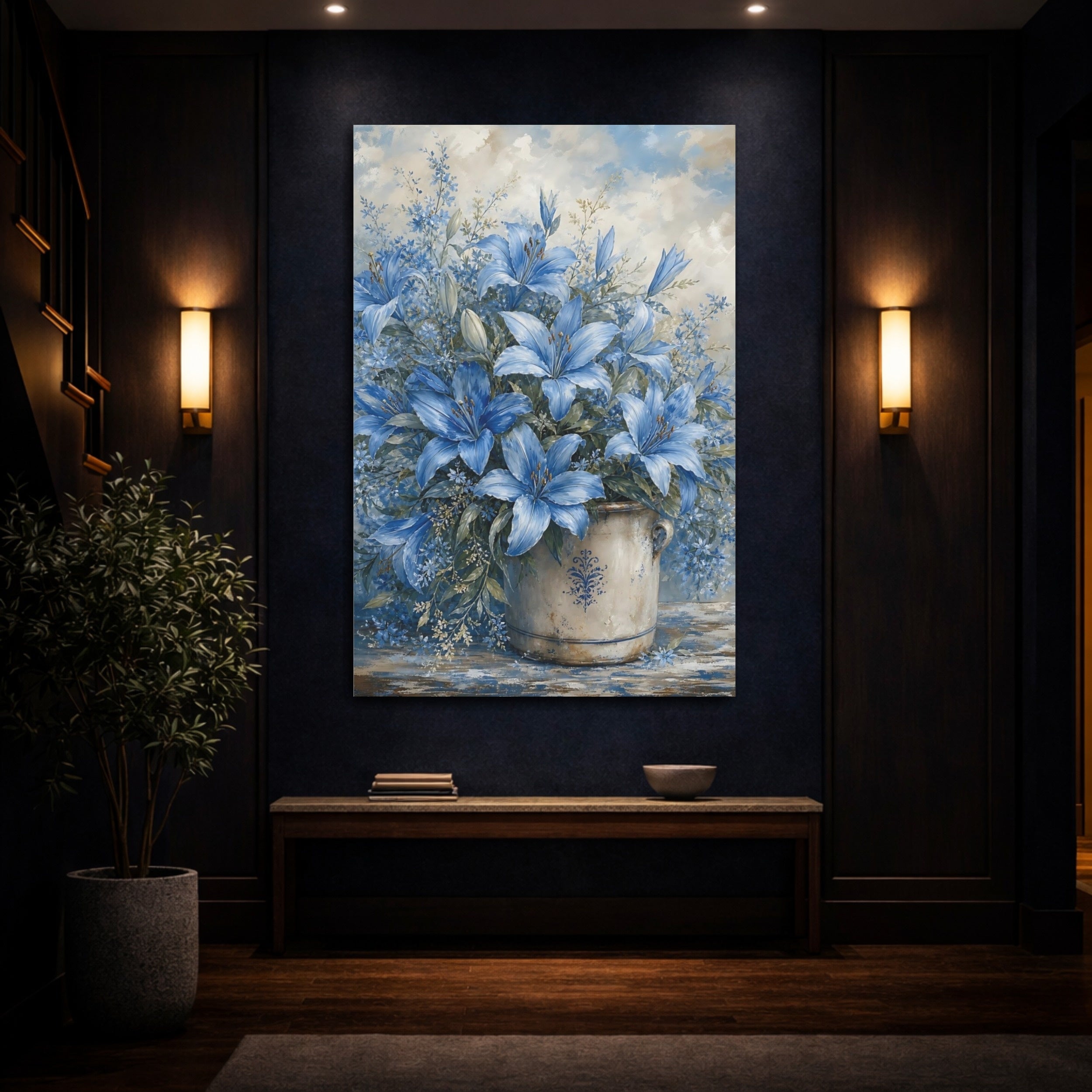 Mockup 4. Floral Blue Lilies Blue And White Floral shown as stretched canvas wall art