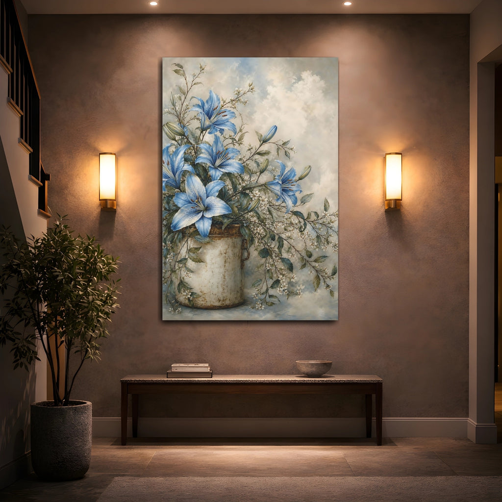 Mockup 2. Floral Blue Lilies Blue Floral shown as stretched canvas wall art