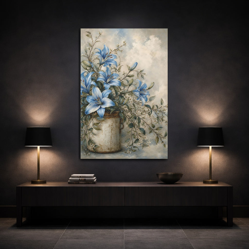 Mockup 3. Floral Blue Lilies Blue Floral shown as stretched canvas wall art