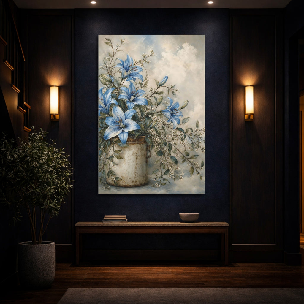 Mockup 4. Floral Blue Lilies Blue Floral shown as stretched canvas wall art