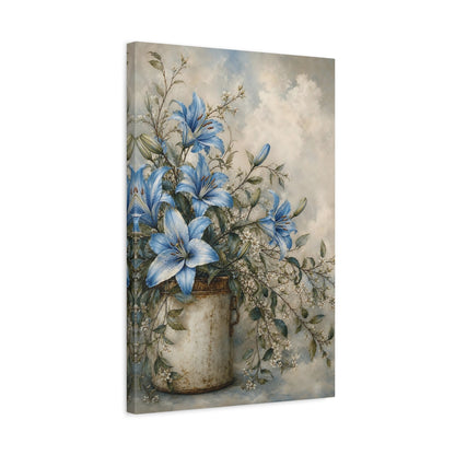 Side Mockup 3. Floral Blue Lilies Blue Floral shown as stretched canvas wall art