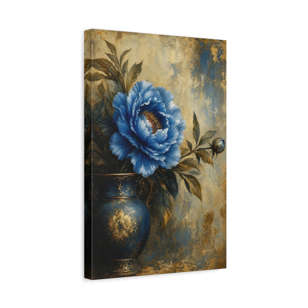 Side Mockup 4. Floral Blue Peony Blue And Gold shown as stretched canvas wall art