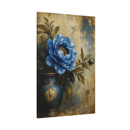 Side Mockup 1. Floral Blue Peony Blue And Gold shown as stretched canvas wall art