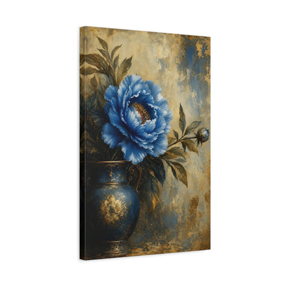Side Mockup 3. Floral Blue Peony Blue And Gold shown as stretched canvas wall art