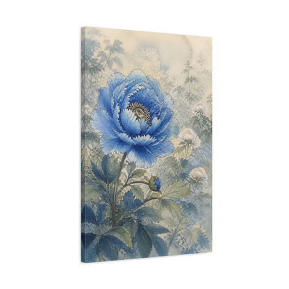Side Mockup 2. Floral Blue Peony Blue And Green shown as stretched canvas wall art
