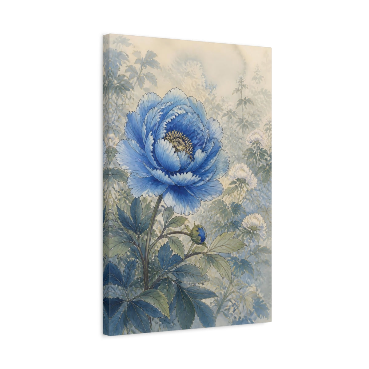 Side Mockup 3. Floral Blue Peony Blue And Green shown as stretched canvas wall art