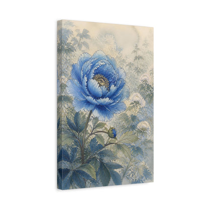 Side Mockup 4. Floral Blue Peony Blue And Green shown as stretched canvas wall art