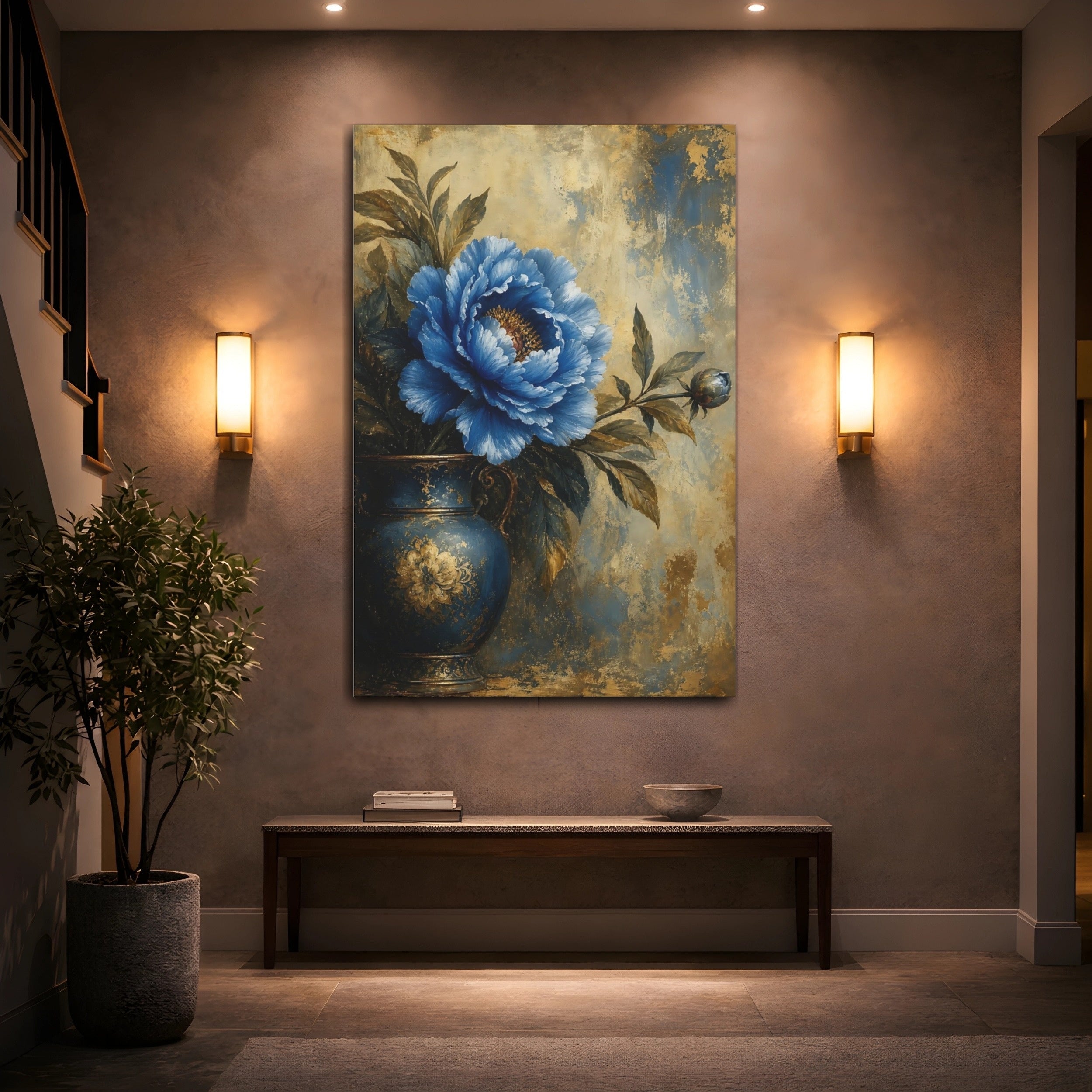 Mockup 2. Floral Blue Peony Blue And Gold shown as stretched canvas wall art
