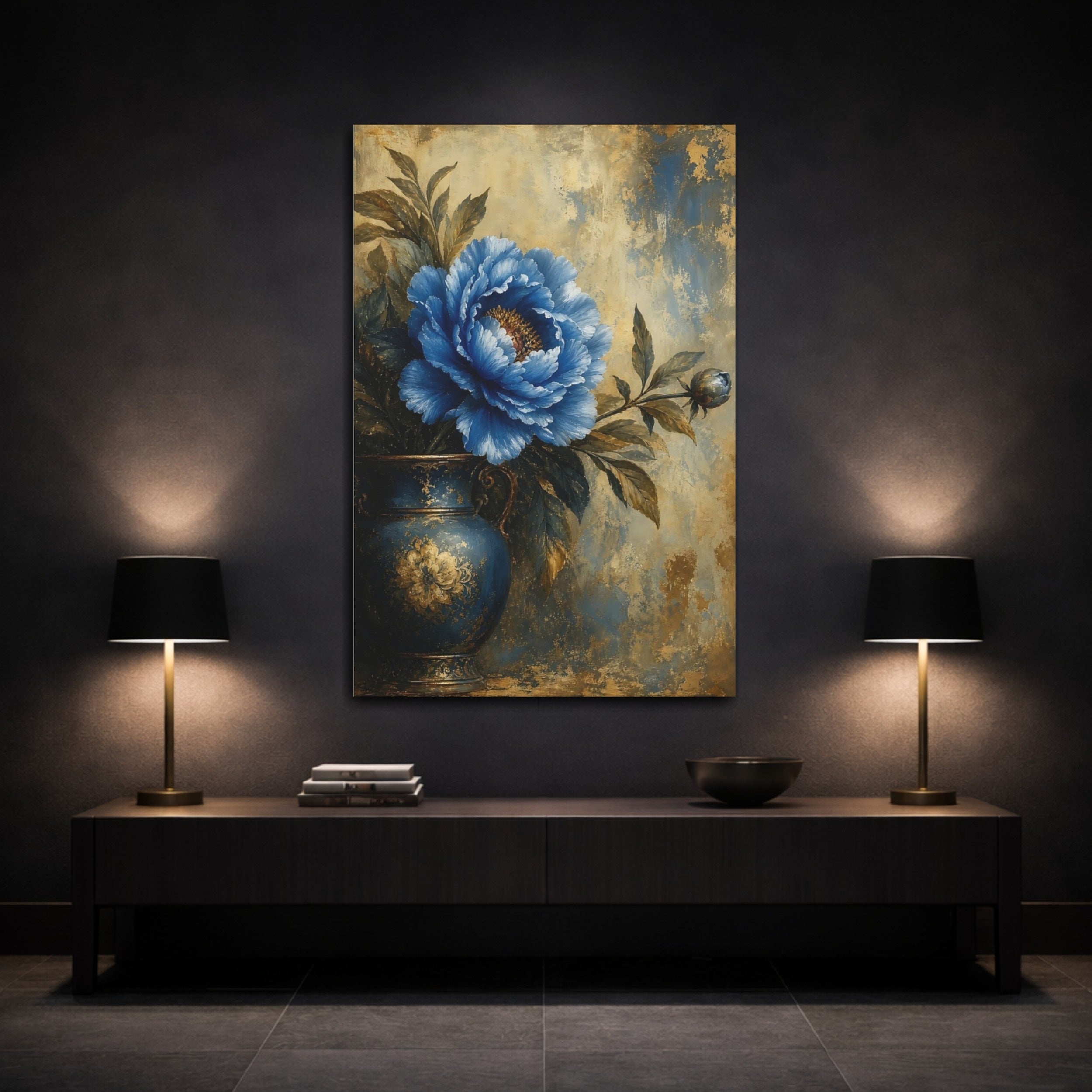 Mockup 3. Floral Blue Peony Blue And Gold shown as stretched canvas wall art