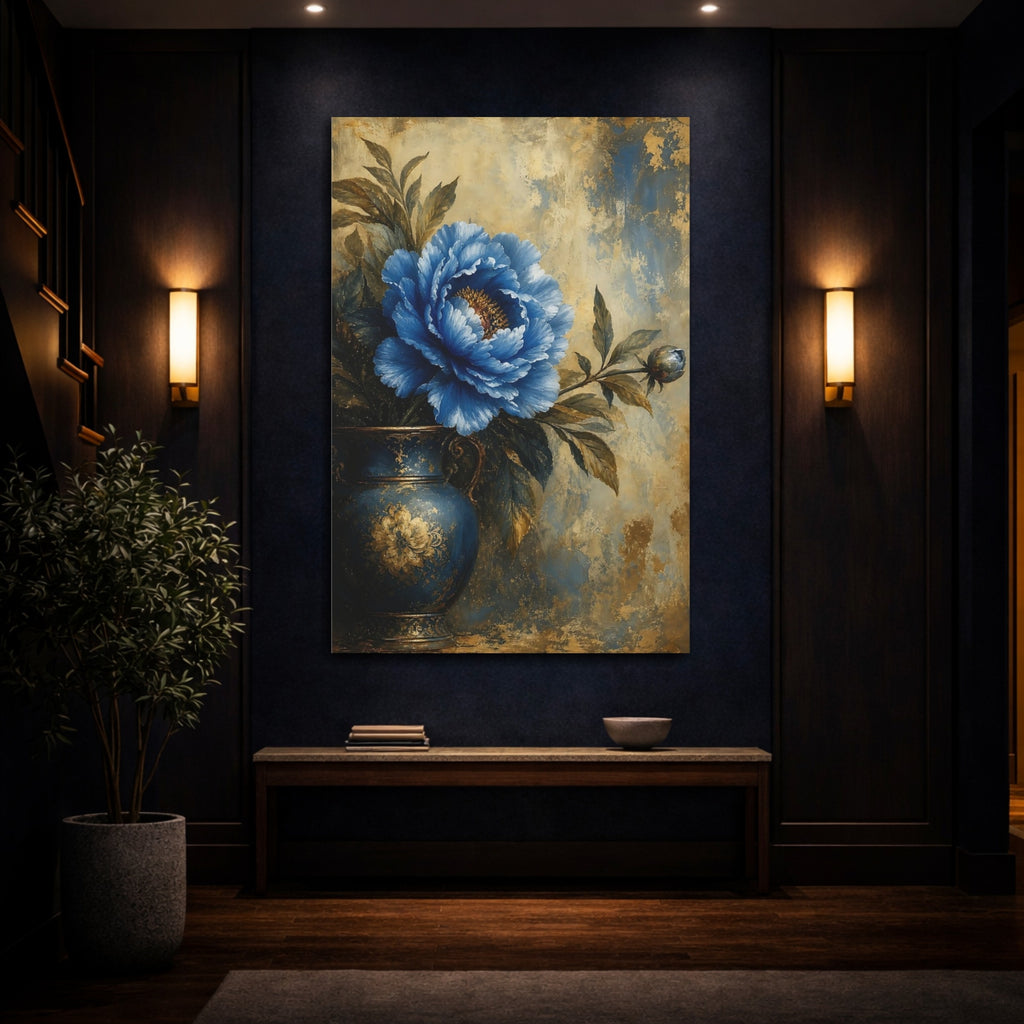 Mockup 4. Floral Blue Peony Blue And Gold shown as stretched canvas wall art