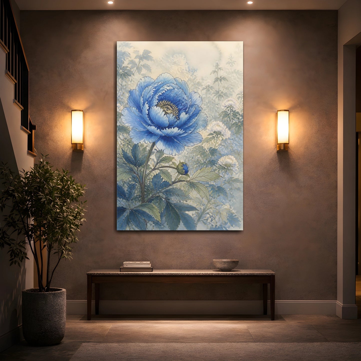 Mockup 2. Floral Blue Peony Blue And Green shown as stretched canvas wall art