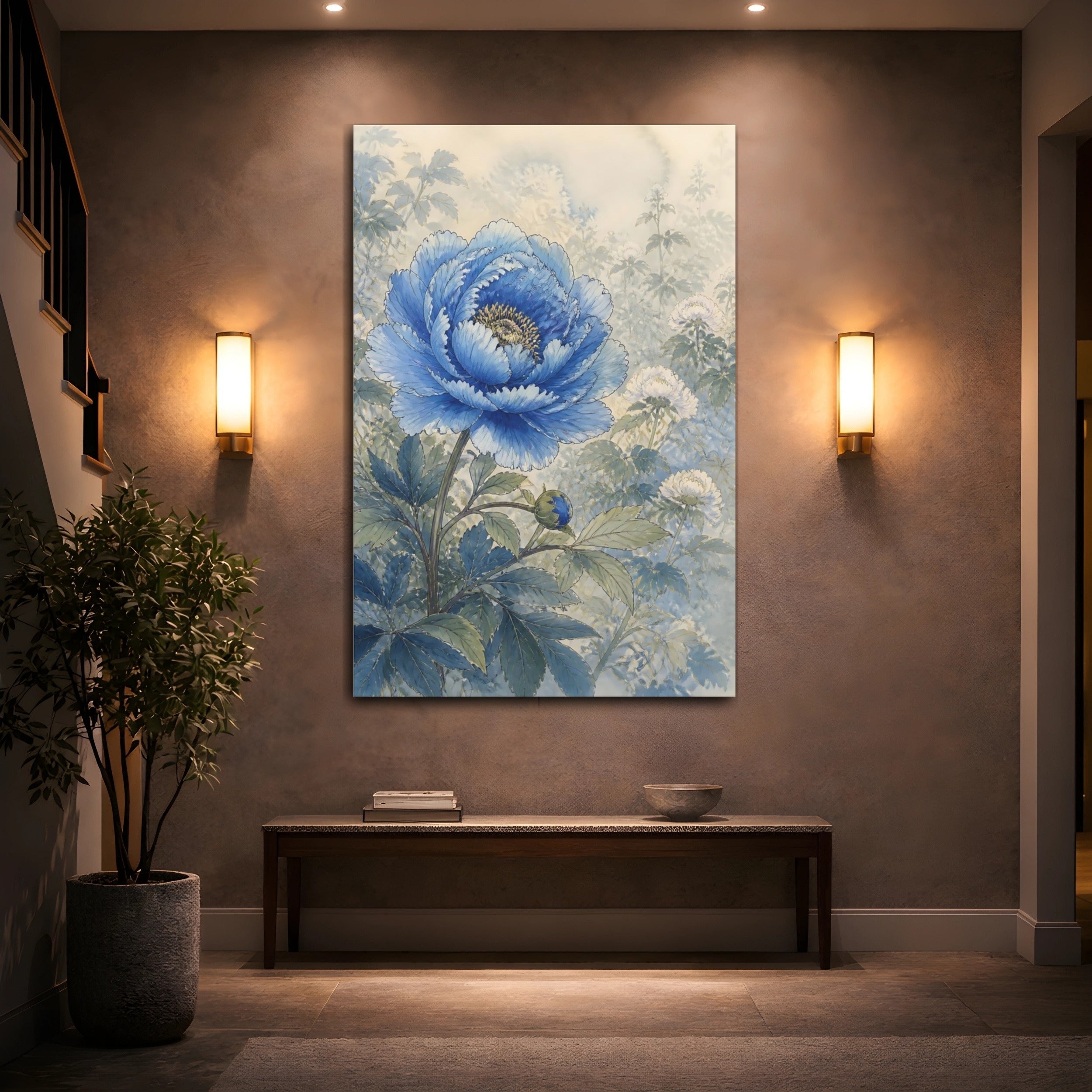 Mockup 2. Floral Blue Peony Blue And Green shown as stretched canvas wall art