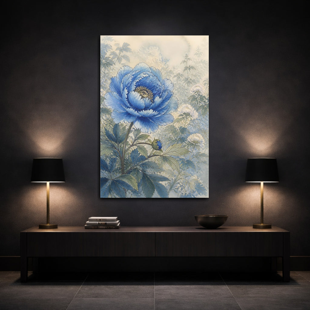 Mockup 3. Floral Blue Peony Blue And Green shown as stretched canvas wall art