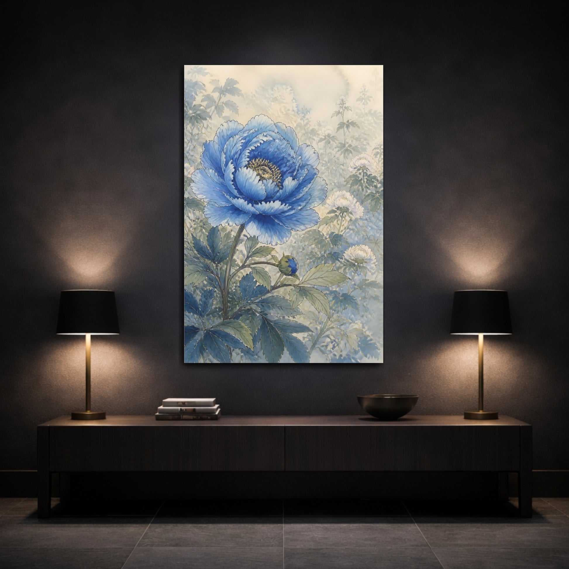 Mockup 3. Floral Blue Peony Blue And Green shown as stretched canvas wall art