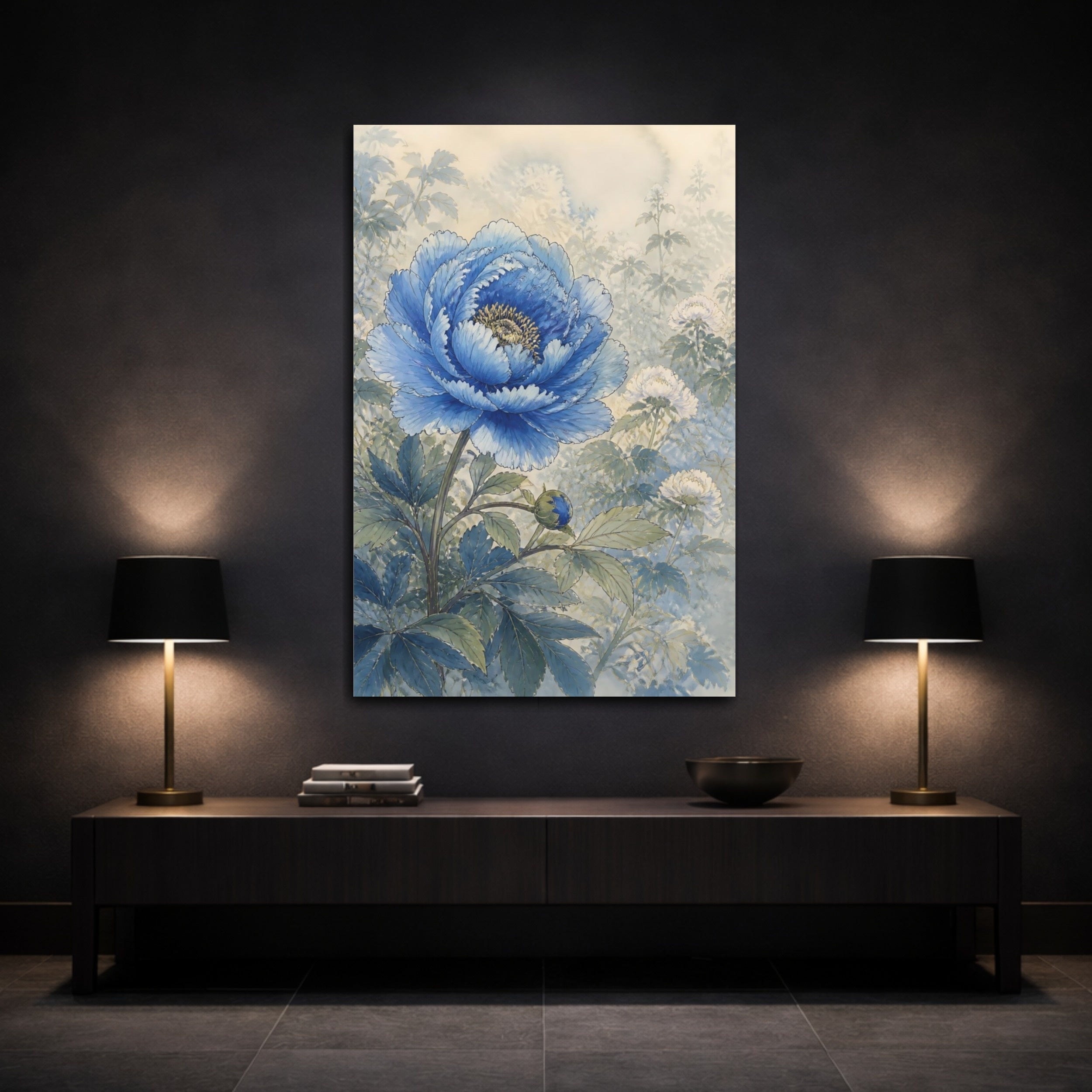 Mockup 3. Floral Blue Peony Blue And Green shown as stretched canvas wall art