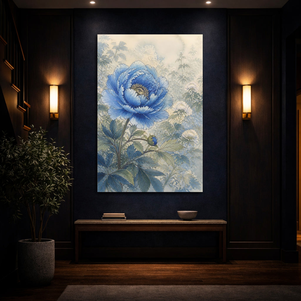 Mockup 4. Floral Blue Peony Blue And Green shown as stretched canvas wall art