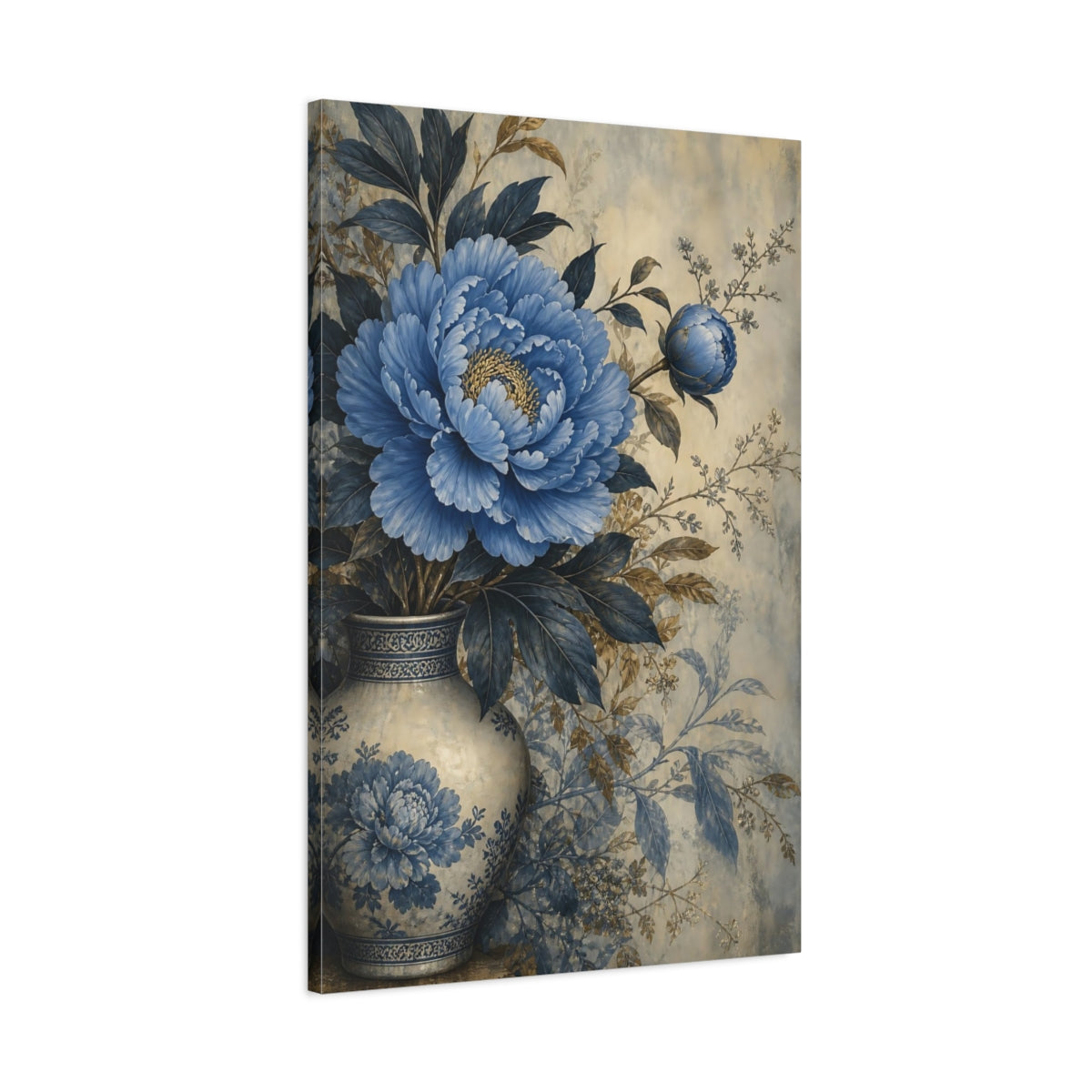 Main Mockup. Floral Blue Peony Blue Floral Vase shown as stretched canvas wall art