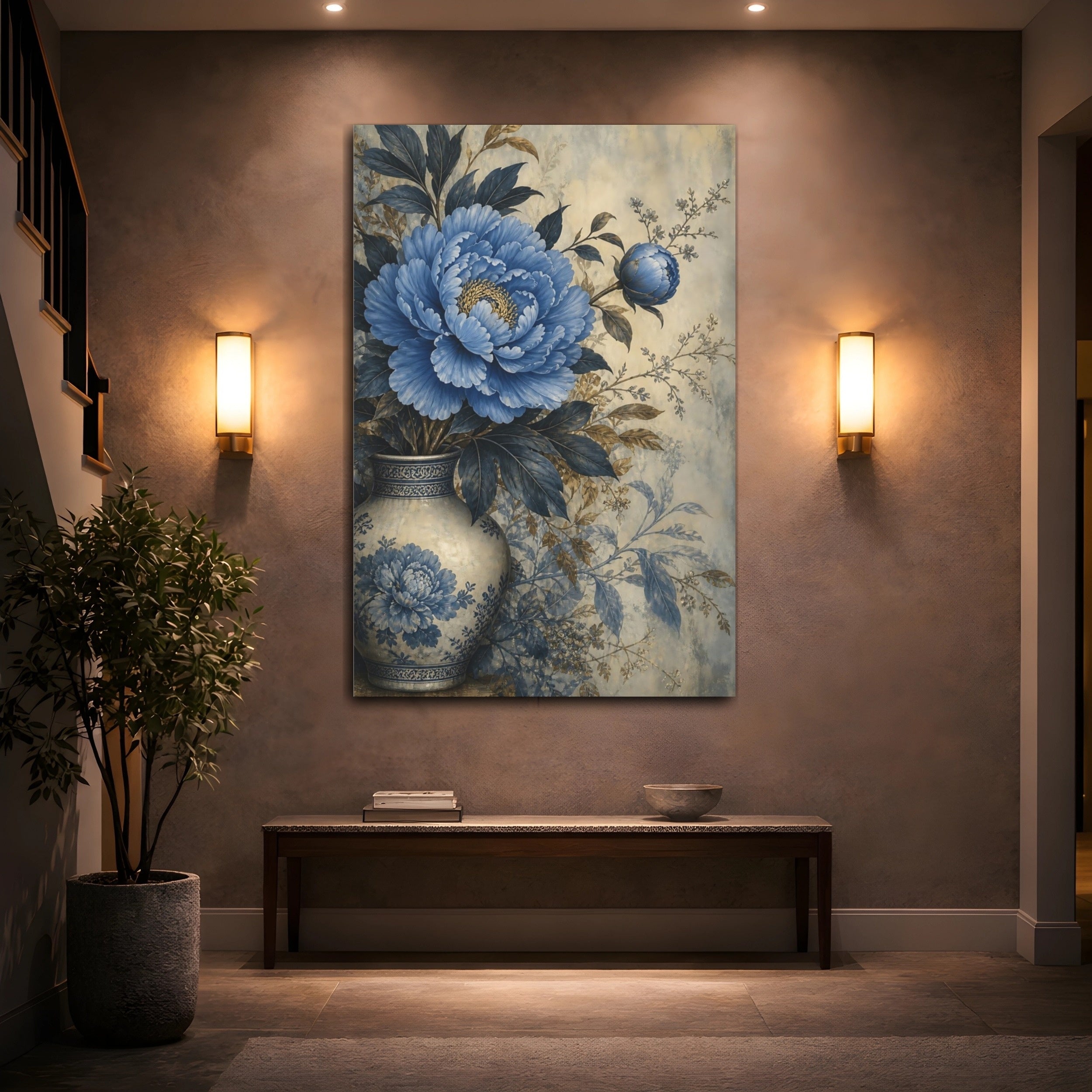 Mockup 2. Floral Blue Peony Blue Floral Vase shown as stretched canvas wall art