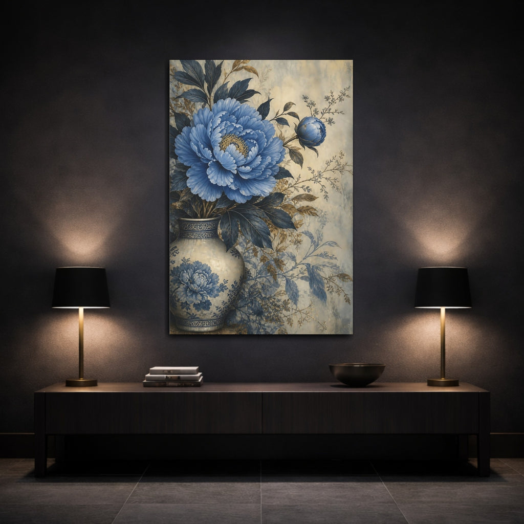 Mockup 3. Floral Blue Peony Blue Floral Vase shown as stretched canvas wall art