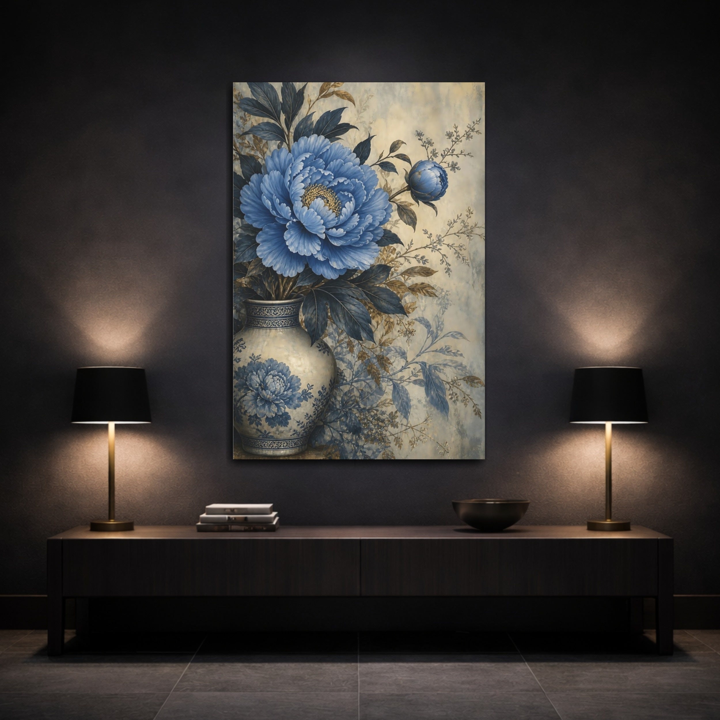 Mockup 3. Floral Blue Peony Blue Floral Vase shown as stretched canvas wall art