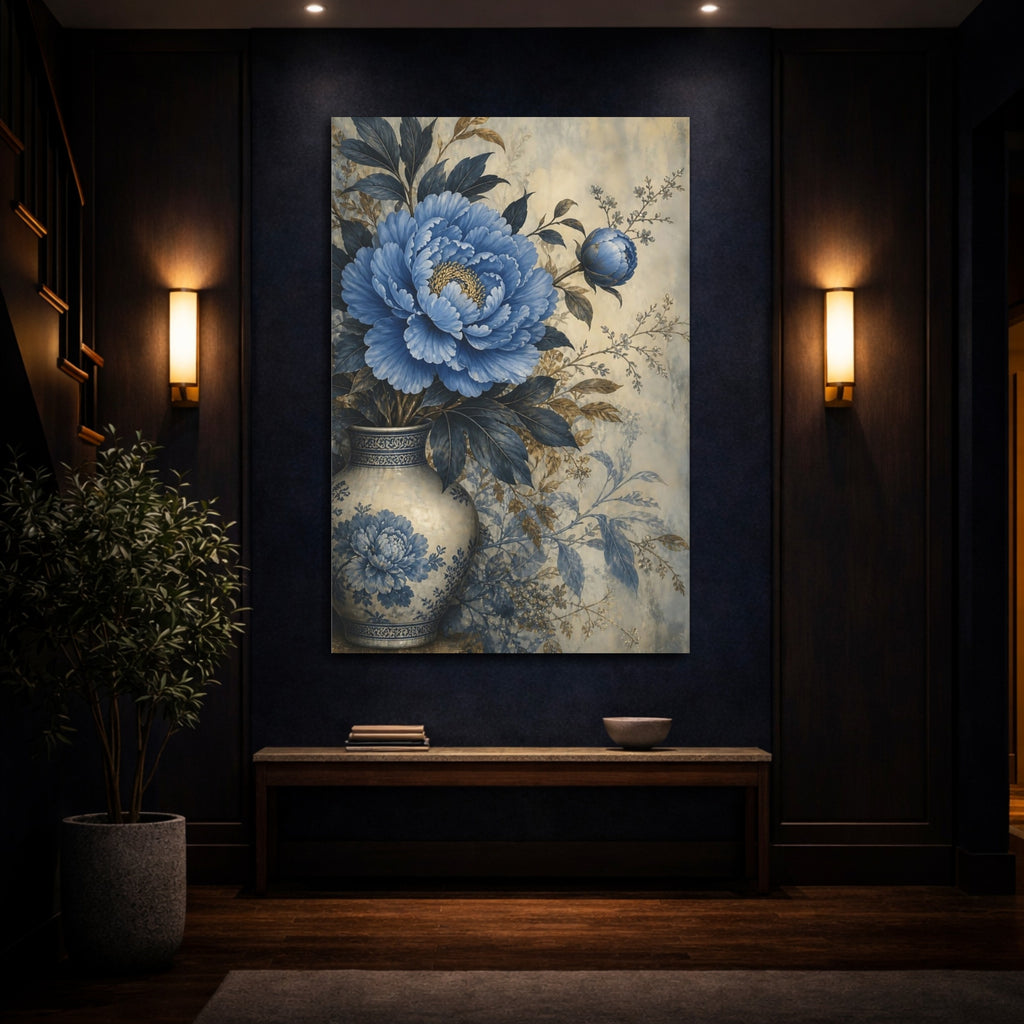 Mockup 4. Floral Blue Peony Blue Floral Vase shown as stretched canvas wall art