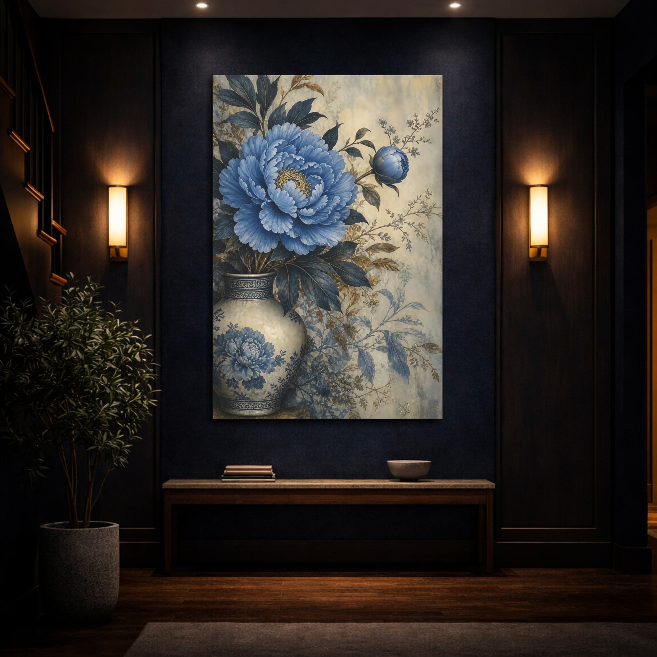 Mockup 4. Floral Blue Peony Blue Floral Vase shown as stretched canvas wall art