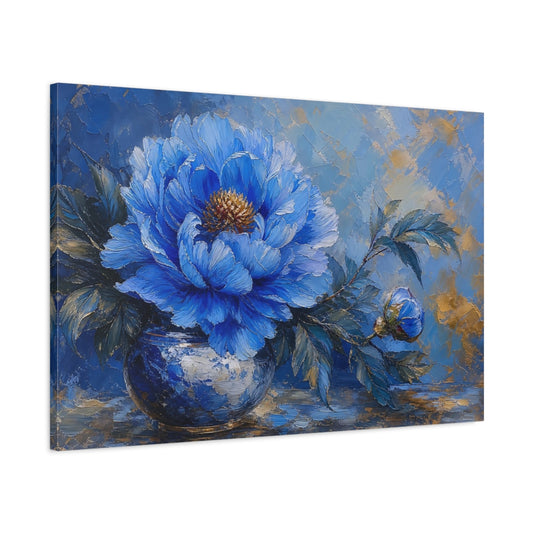 Main Mockup. Floral Blue Peony Blue Gold Peony shown as stretched canvas wall art