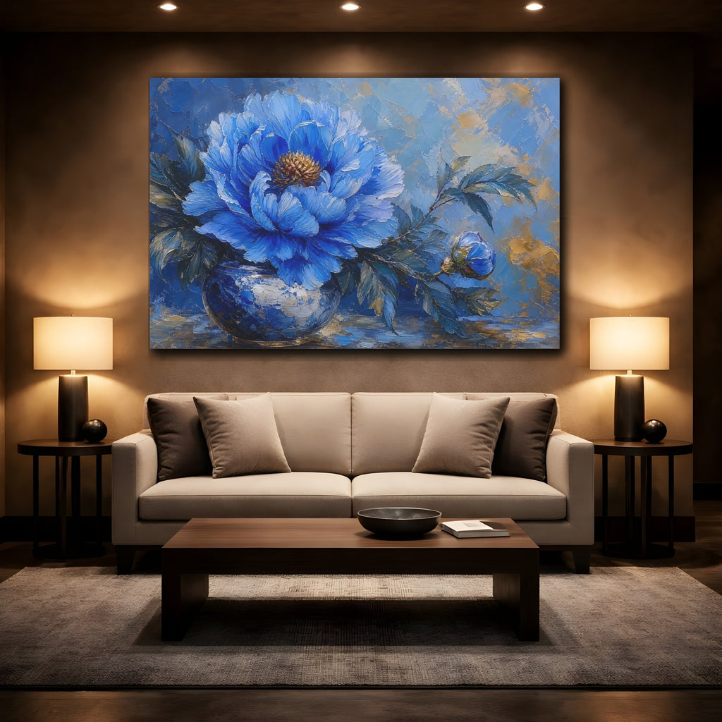 Mockup 2. Floral Blue Peony Blue Gold Peony shown as stretched canvas wall art