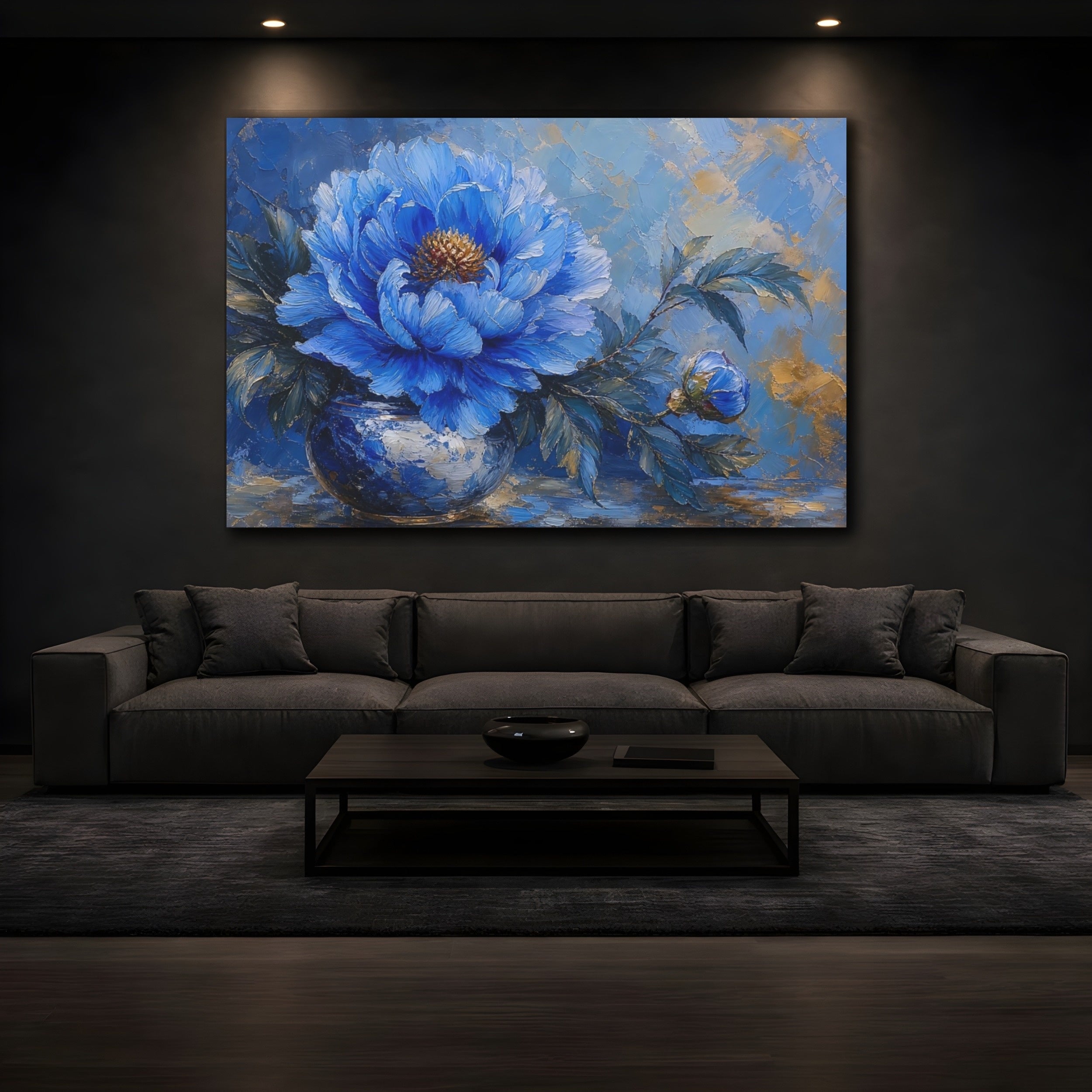 Mockup 3. Floral Blue Peony Blue Gold Peony shown as stretched canvas wall art
