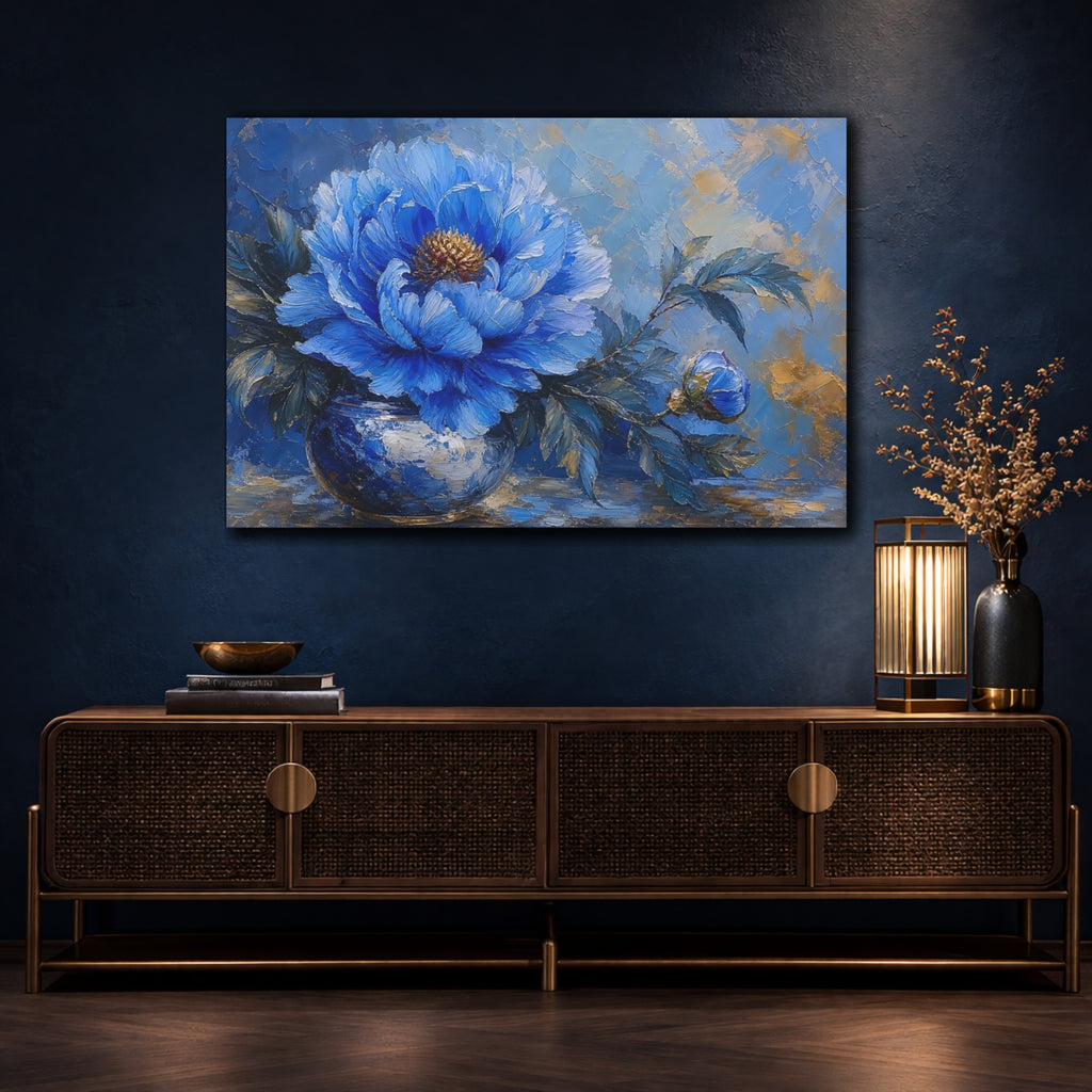 Mockup 4. Floral Blue Peony Blue Gold Peony shown as stretched canvas wall art