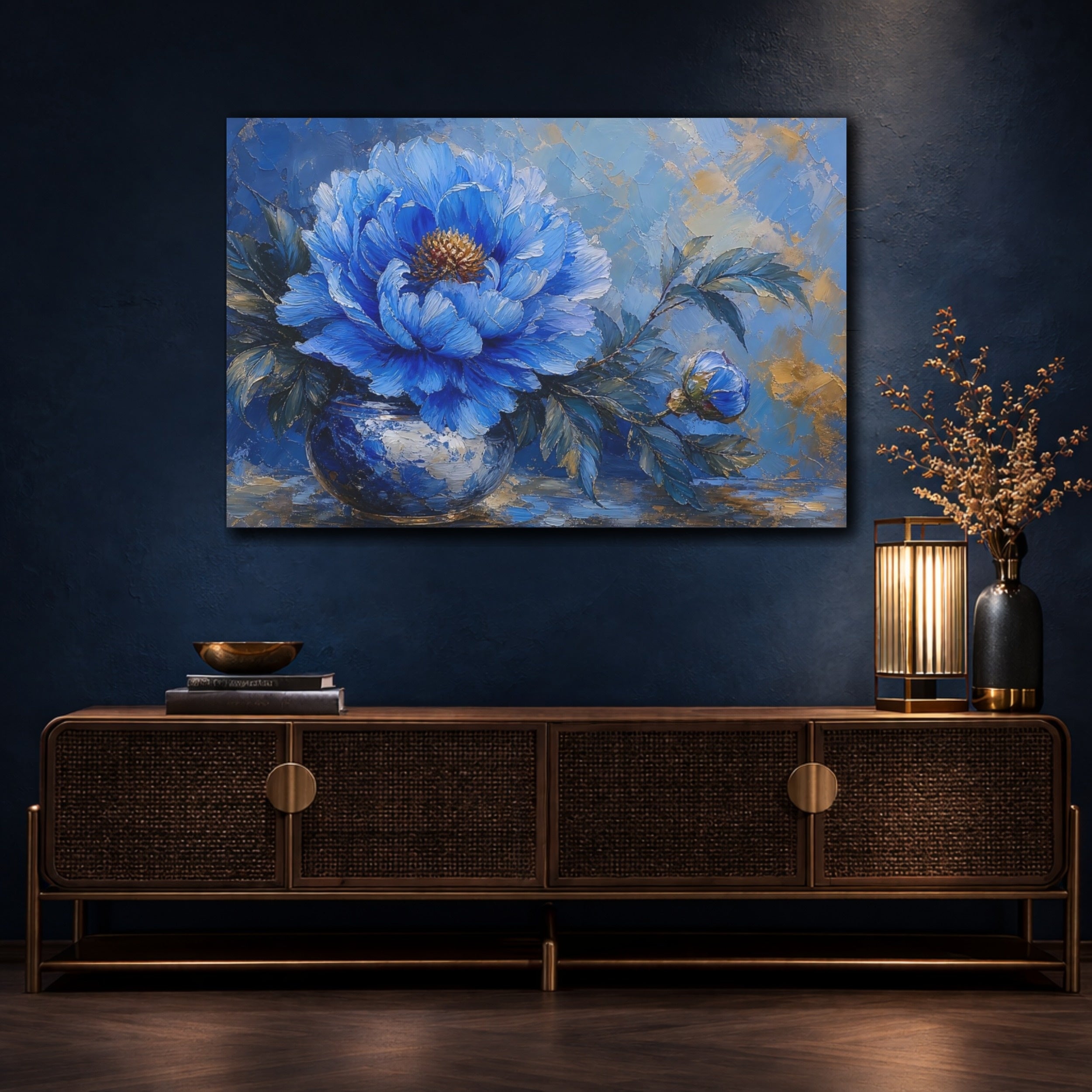 Mockup 4. Floral Blue Peony Blue Gold Peony shown as stretched canvas wall art