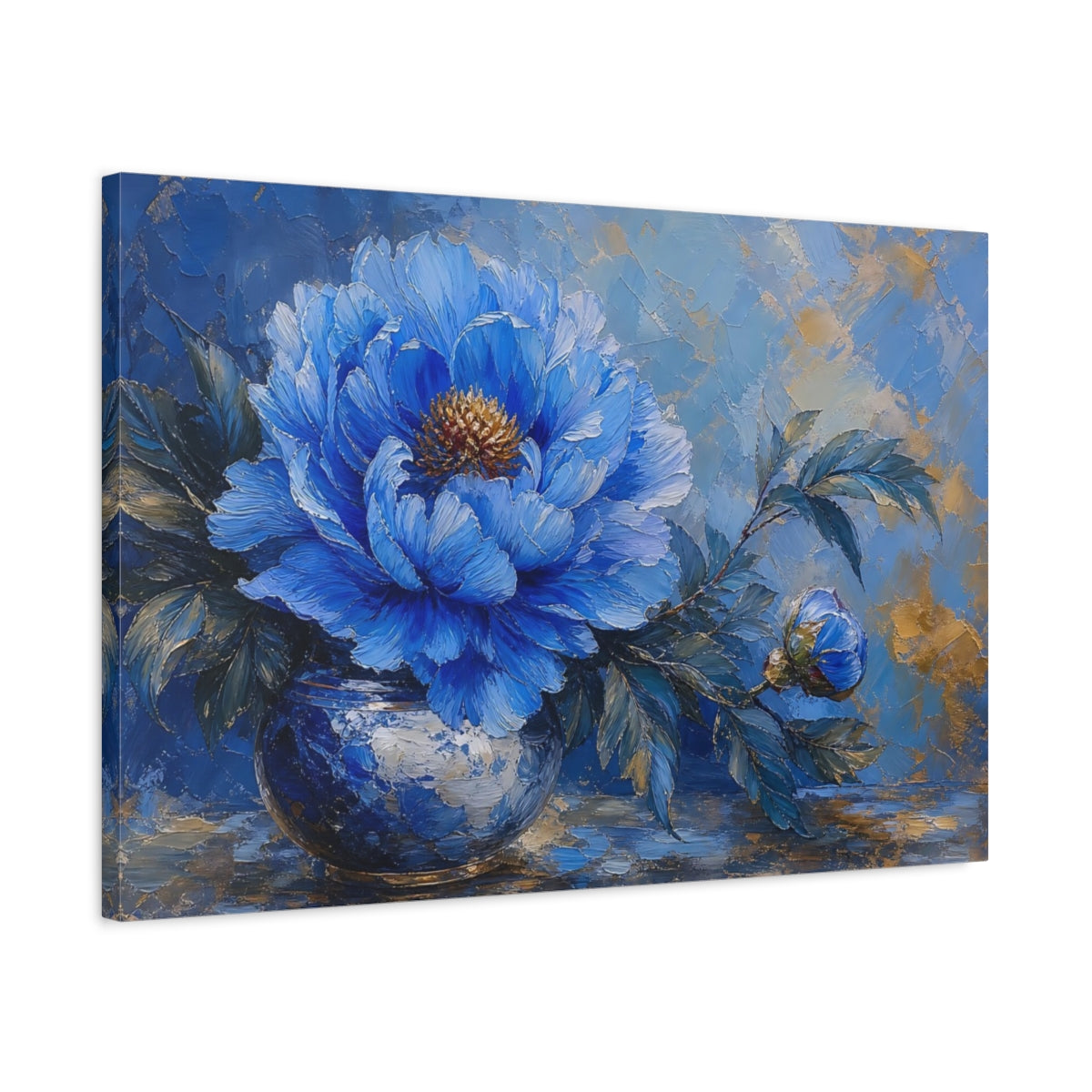 Side Mockup 2. Floral Blue Peony Blue Gold Peony shown as stretched canvas wall art