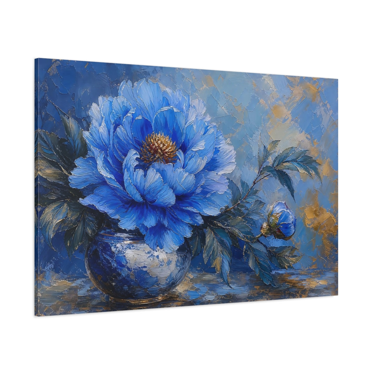 Side Mockup 1. Floral Blue Peony Blue Gold Peony shown as stretched canvas wall art