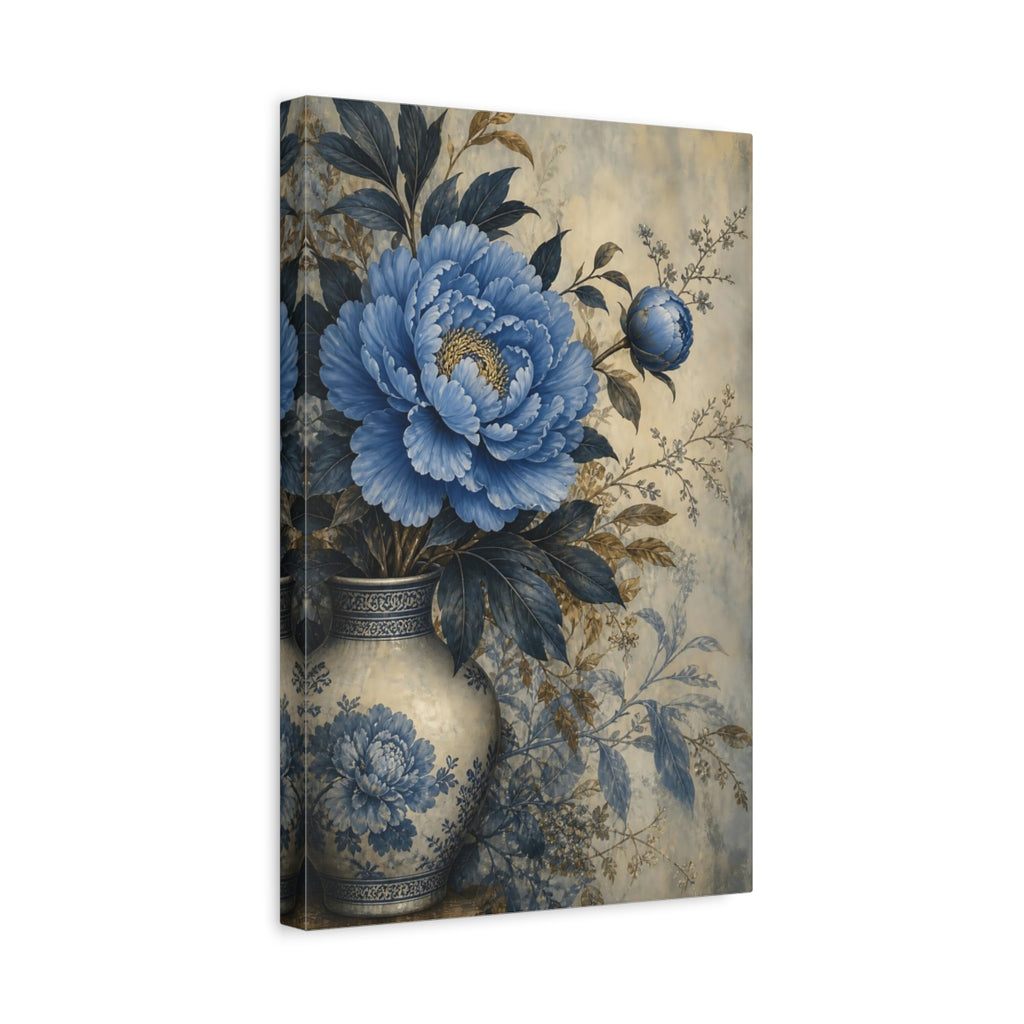 Side Mockup 4. Floral Blue Peony Blue Floral Vase shown as stretched canvas wall art