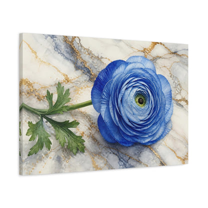 Side Mockup 2. Floral Blue Ranunculus Blue And Gold shown as stretched canvas wall art