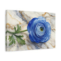 Side Mockup 4. Floral Blue Ranunculus Blue And Gold shown as stretched canvas wall art