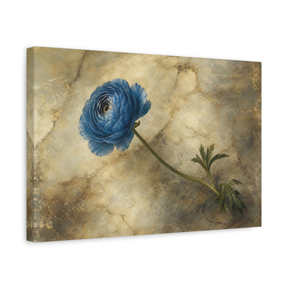 Side Mockup 4. Floral Blue Ranunculus Blue And Gold Floral shown as stretched canvas wall art