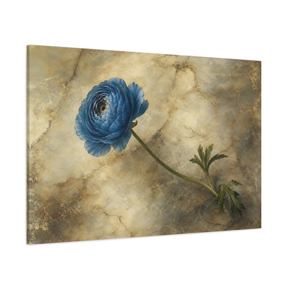 Side Mockup 1. Floral Blue Ranunculus Blue And Gold Floral shown as stretched canvas wall art