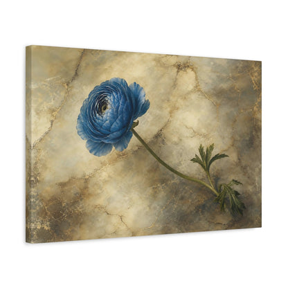 Side Mockup 3. Floral Blue Ranunculus Blue And Gold Floral shown as stretched canvas wall art
