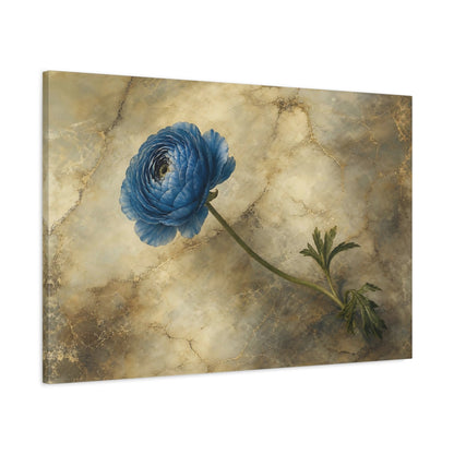 Main Mockup. Floral Blue Ranunculus Blue And Gold Floral shown as stretched canvas wall art