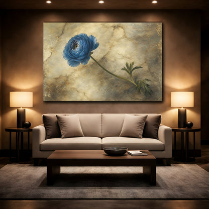 Mockup 2. Floral Blue Ranunculus Blue And Gold Floral shown as stretched canvas wall art