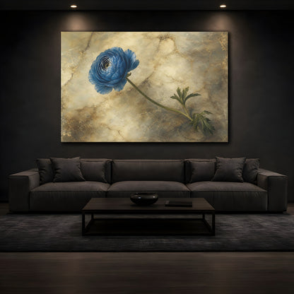 Mockup 3. Floral Blue Ranunculus Blue And Gold Floral shown as stretched canvas wall art