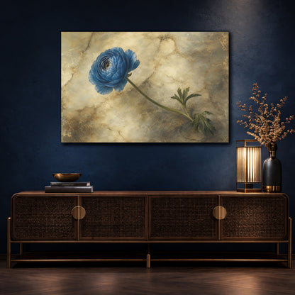 Mockup 4. Floral Blue Ranunculus Blue And Gold Floral shown as stretched canvas wall art
